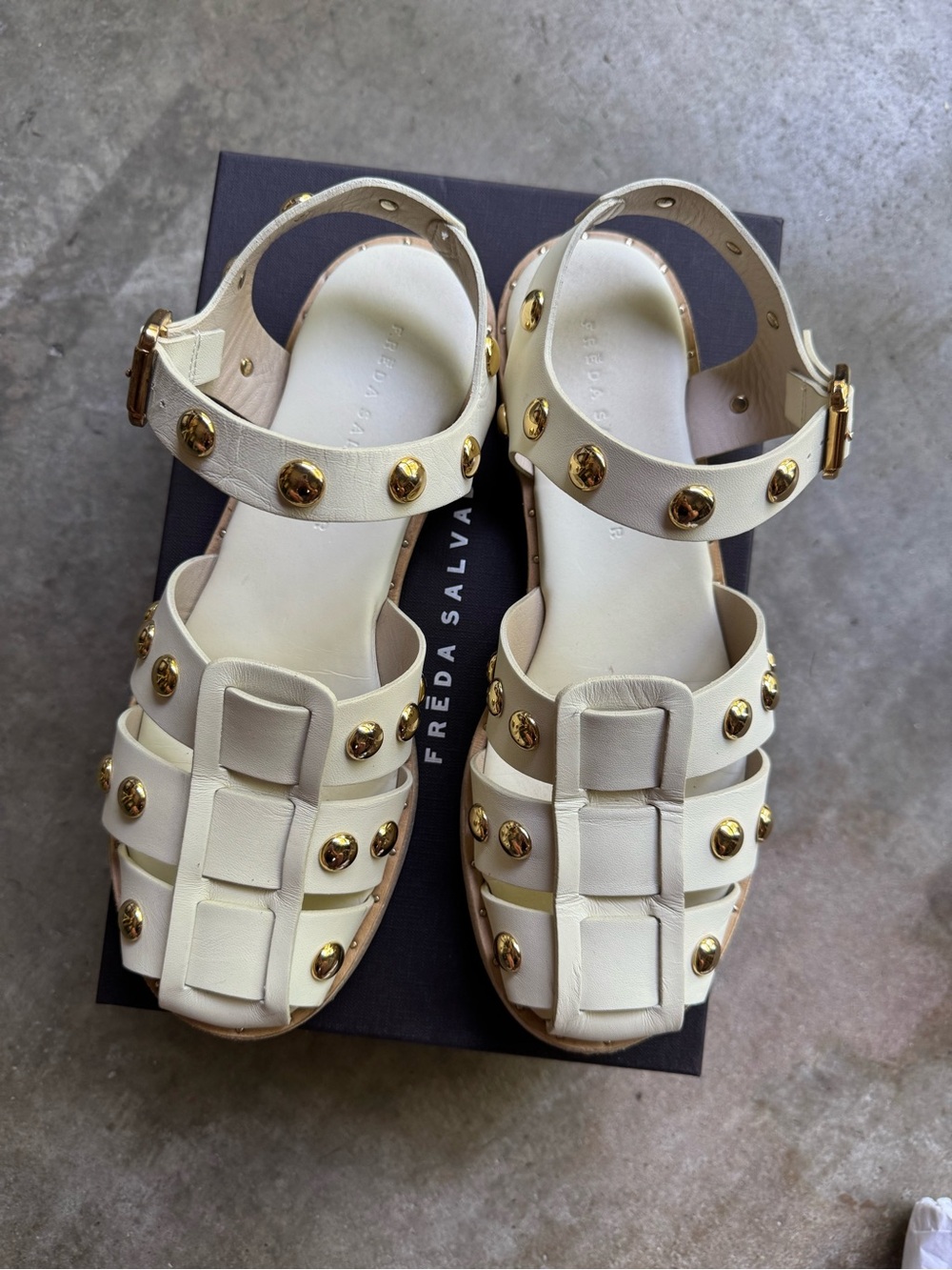 Freda Salvador Sera Fisherman Sandal, Dove White with Gold Studs, 7.5
